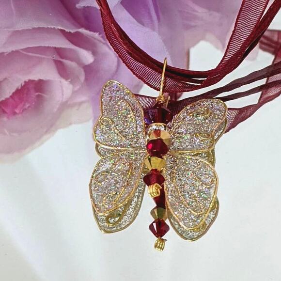 Artisan Whimsical Winged Butterfly Pendant Swarovski Red Gold Crystal Necklace - Picture 6 of 12